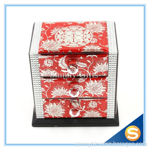 Chinese Red Glass Jewerly Drawer Box Case Glass Organizer Storage Glass Mirror Necklace Hooks Jewer
